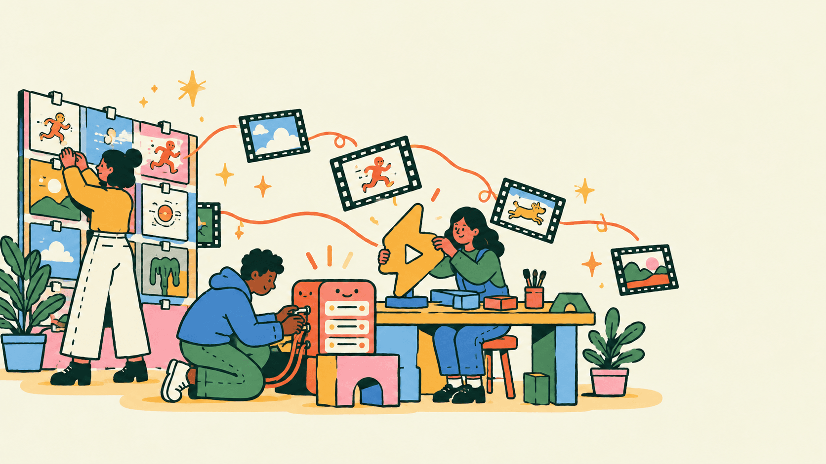 Illustration of a creative team building an open animation network