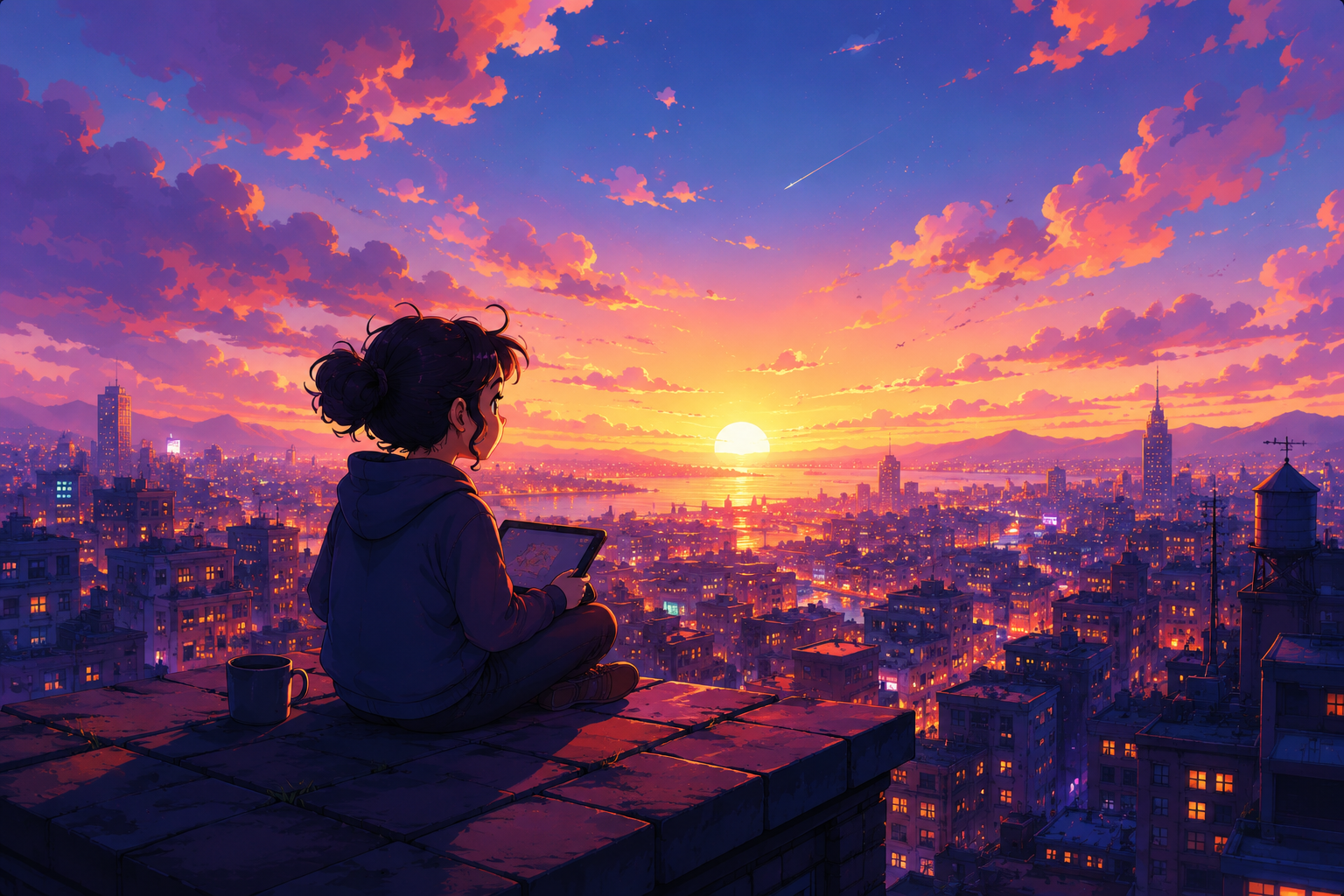 Animator creating above a city at sunset